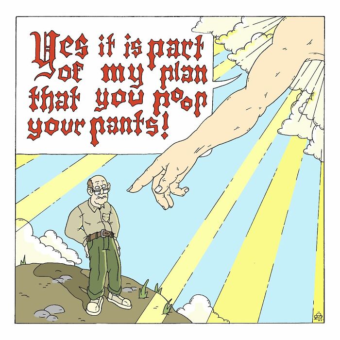 Comic panel showing an elderly man and a giant hand with light rays, reflecting themes of existential dread and talking bugs.