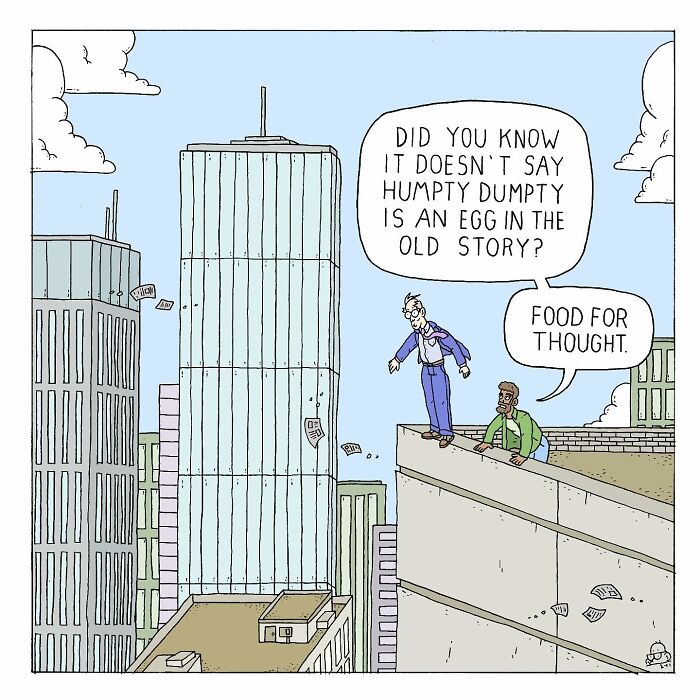 Comic panel showing two men on a rooftop discussing existential dread with talking bugs in a cityscape background.