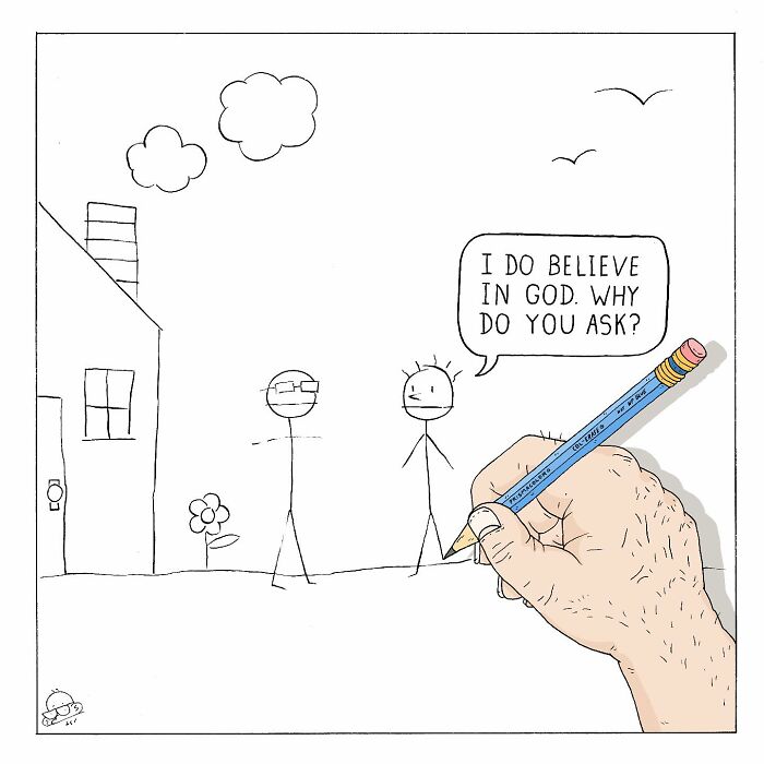 Hand drawing a comic with stick figures and a speech bubble, showcasing hilarious comics with existential themes.