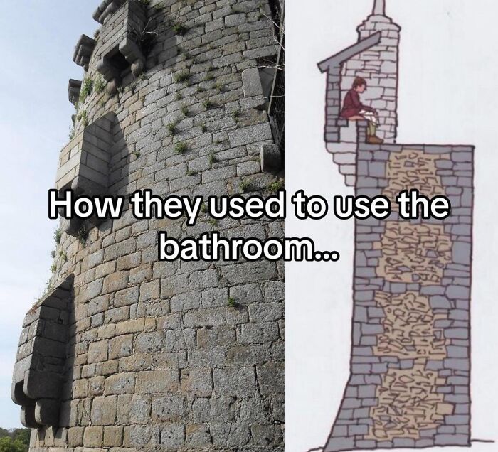 Stone tower exterior with a historical illustration showing the inside structure and old bathroom use inside Big Ben.