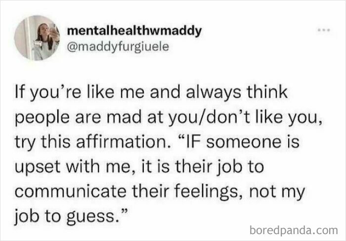 Text post about managing anxiety with a positive affirmation on communication and not assuming others’ feelings.