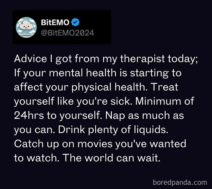 Therapist advice on mental health impact, emphasizing self-care, rest, hydration, and taking time off for anxiety relief.