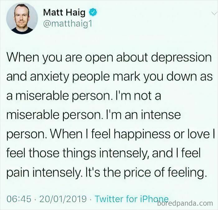 Tweet by Matt Haig about intense feelings linked to anxiety, highlighting humor and understanding in mental health awareness.