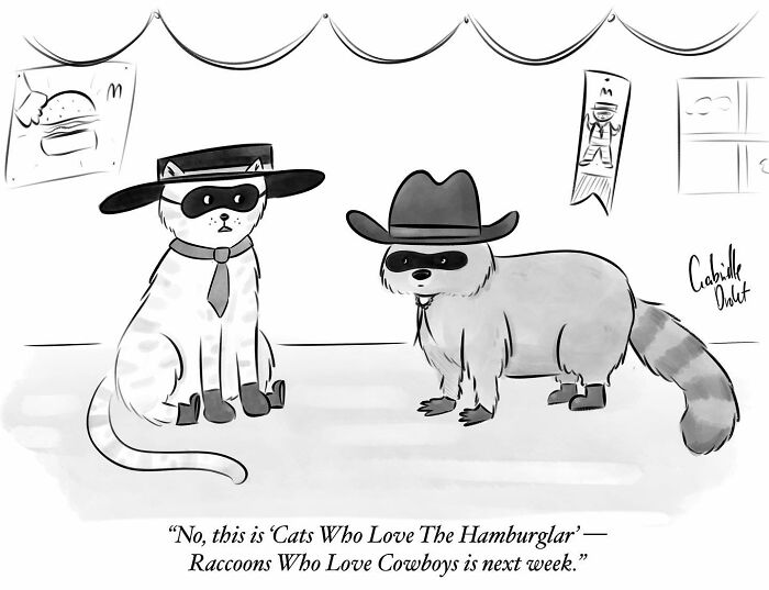 Wholesome comics featuring a cat and raccoon in cowboy hats with a witty twist on daily moments by Gabrielle Drolet.