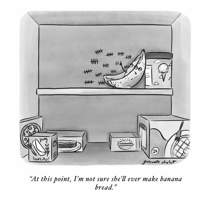 Wholesome comic featuring a banana counting days in a fridge, humorously reflecting daily moments by Gabrielle Drolet.