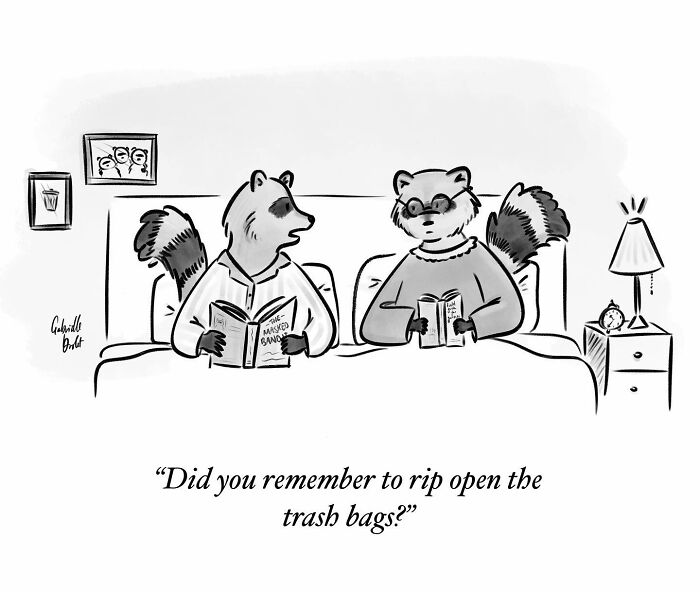 Wholesome comics featuring witty raccoon characters in daily moments, sharing a lighthearted bedtime conversation.