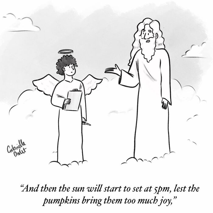 Wholesome comic by Gabrielle Drolet depicting an angel and a bearded figure in clouds with a witty daily moment.