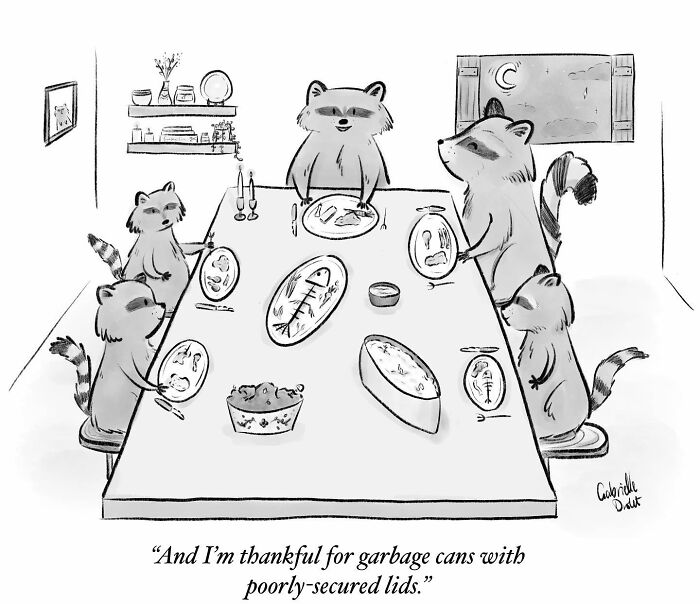 Wholesome comics depicting raccoons having dinner, showcasing a witty twist on daily moments by Gabrielle Drolet.