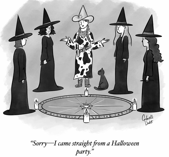 Black and white wholesome comic featuring witches with a witty twist on daily moments by Gabrielle Drolet.