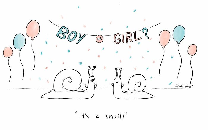 Wholesome comic showing two snails at a gender reveal party with balloons and a banner reading boy or girl.