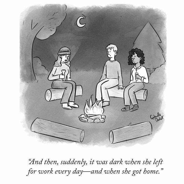 Black and white wholesome comic by Gabrielle Drolet showing three people around a campfire with a witty twist on daily moments.