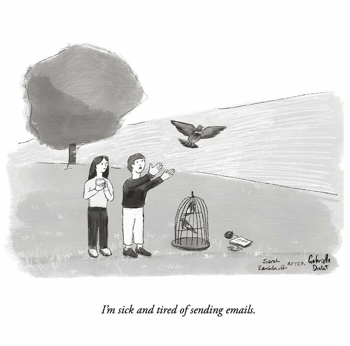 Two people releasing a bird from a cage in a field, depicting a wholesome comic moment with a witty twist.