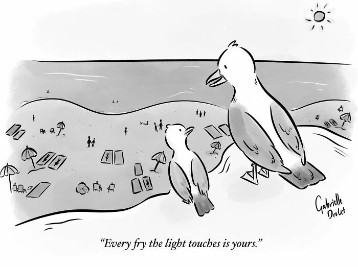 Black and white wholesome comic by Gabrielle Drolet showing two birds overlooking a beach with a witty twist on daily moments.