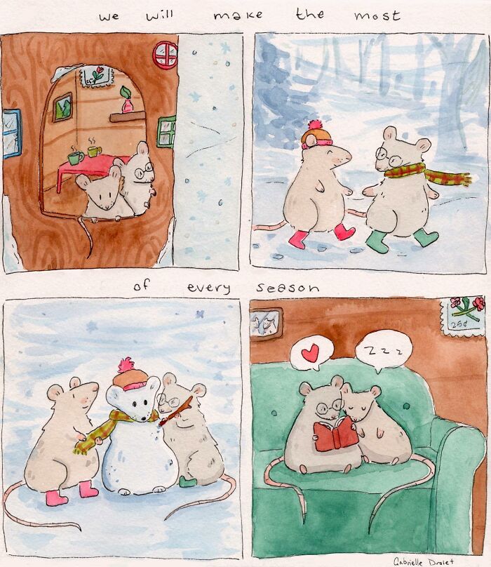 Wholesome comics by Gabrielle Drolet showing cute mice enjoying cozy winter scenes and daily moments with a witty twist.