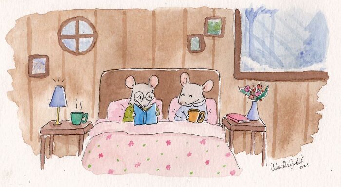 Wholesome comic illustration of two mice sharing a cozy moment in bed with tea and reading, capturing daily life charm.