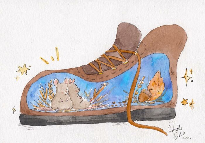 Wholesome comics illustration showing two mice inside a boot with nature elements and a witty twist on daily moments.