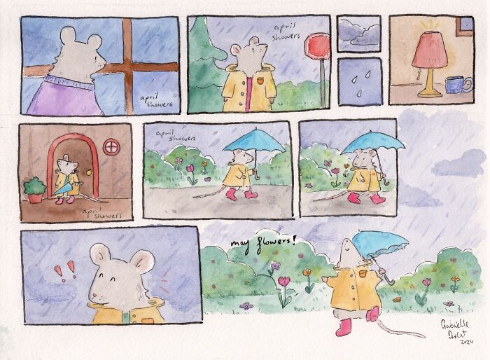 Wholesome comic strip featuring a mouse in a raincoat experiencing April showers and May flowers with a witty twist.