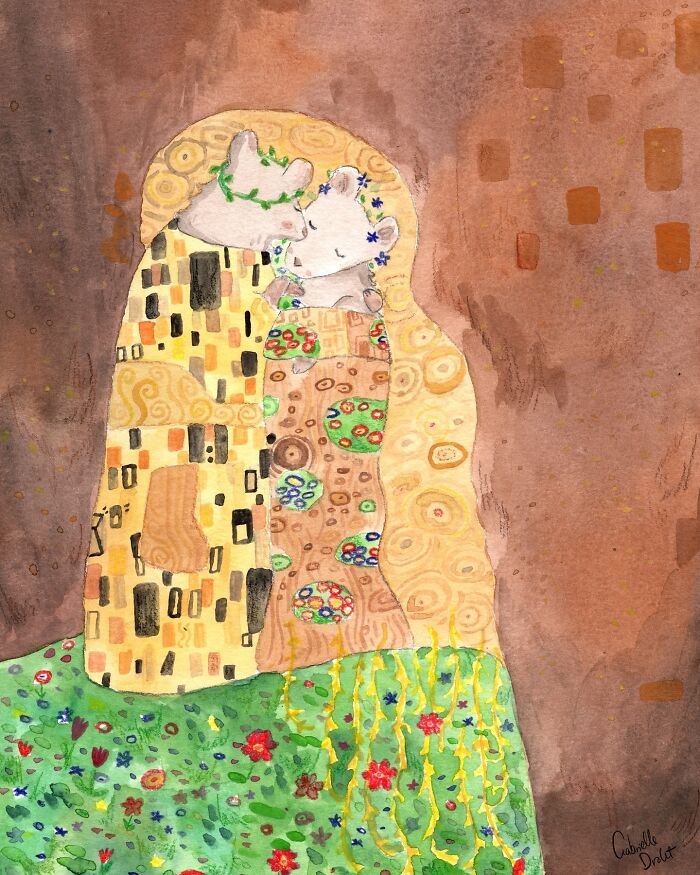 Wholesome comics illustration featuring two bears in a tender embrace with colorful patterns and floral background.