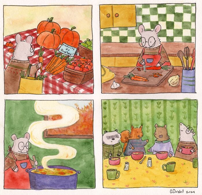 Wholesome comics showing a mouse preparing and sharing a meal with friends in daily life moments by Gabrielle Drolet.