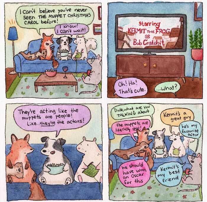 Wholesome comics showing animals watching TV and humorously discussing the Muppet Christmas Carol with witty daily moments.