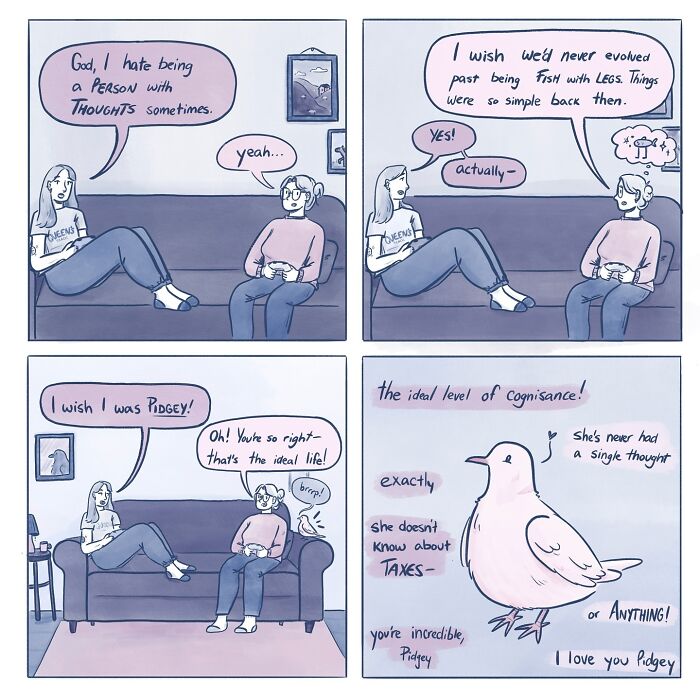 Two women on a couch in a wholesome comic by Gabrielle Drolet discussing daily moments with a witty twist and a pigeon.