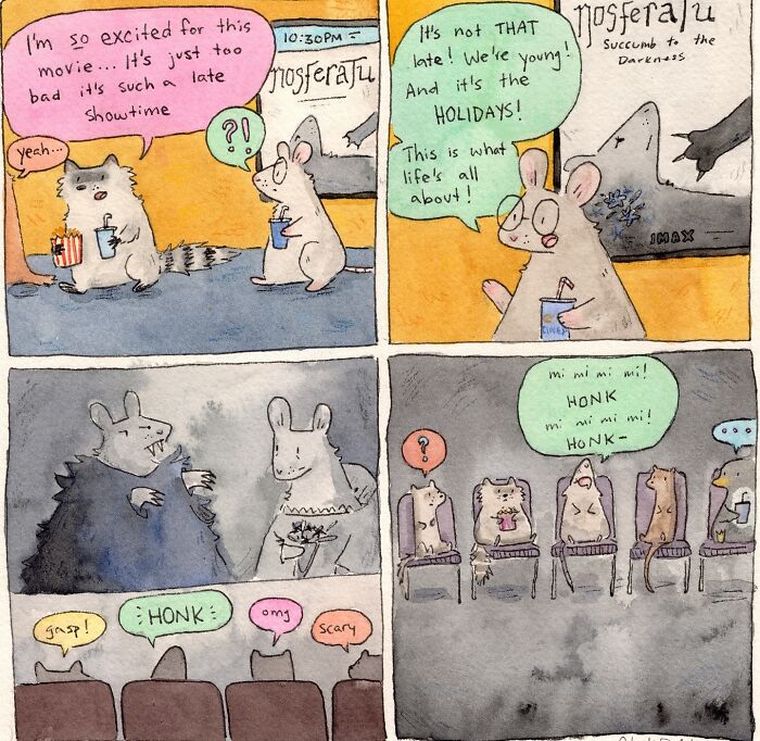 Watercolor wholesome comic panels featuring animals with witty twists on daily moments and holiday-themed dialogue.
