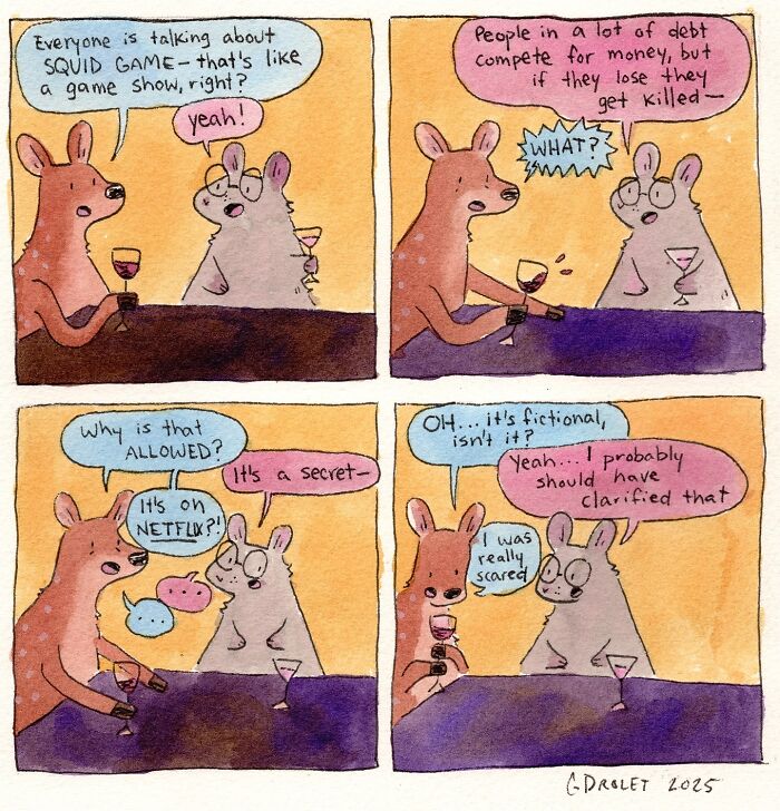 Wholesome comics with a witty twist showing two animals discussing a popular TV show over drinks in a bar setting.