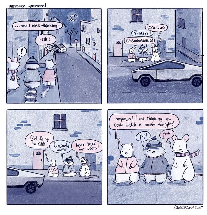 Wholesome comics with witty twists showing animals humorously critiquing a car in a night urban scene by Gabrielle Drolet.