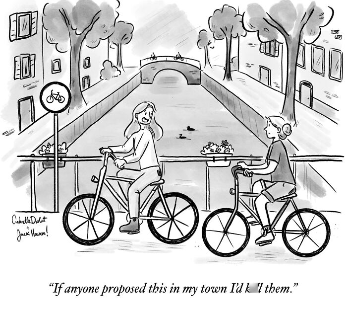 Black and white wholesome comic showing two women on bicycles by a canal, capturing witty daily moments humor by Gabrielle Drolet.