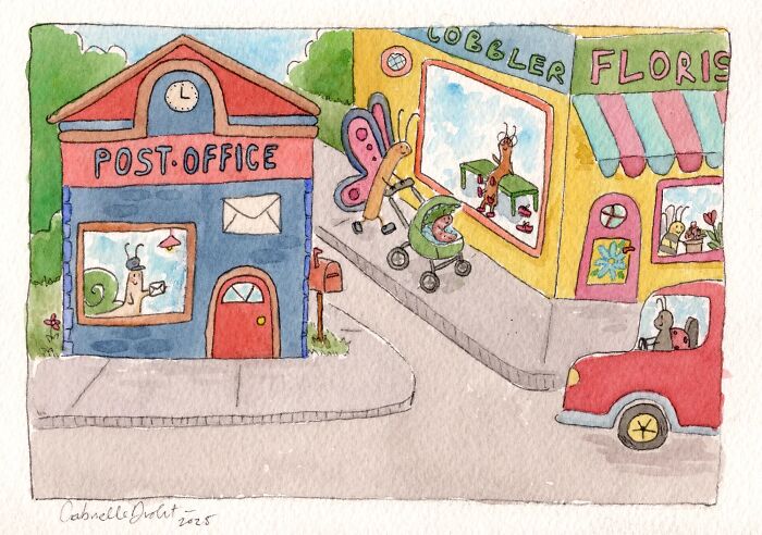 Wholesome comic illustration showing a snail post office and insects in a witty daily moment by Gabrielle Drolet