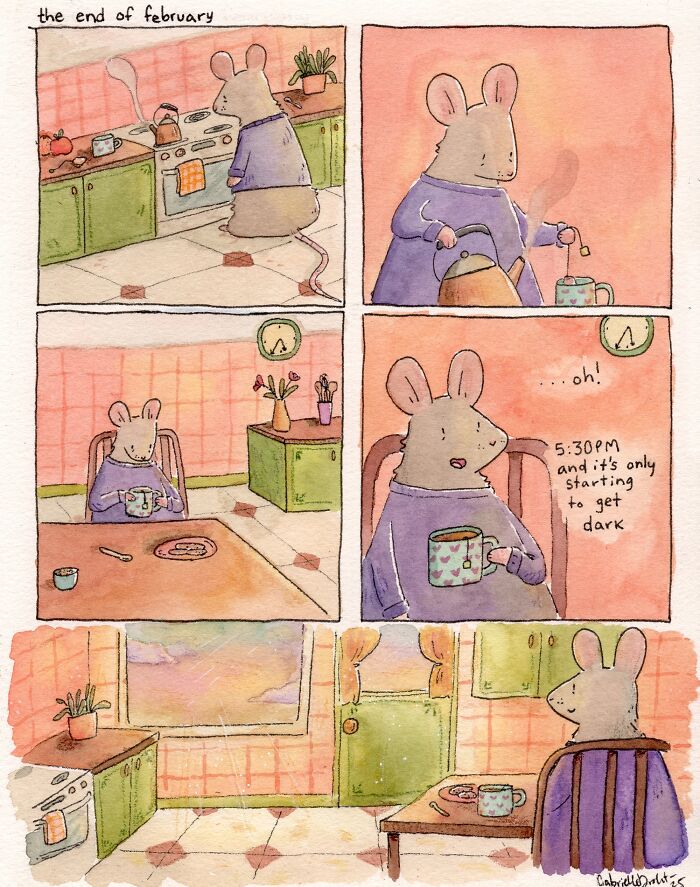 Wholesome comics featuring a mouse character reflecting on daily moments with a witty twist in cozy home settings.