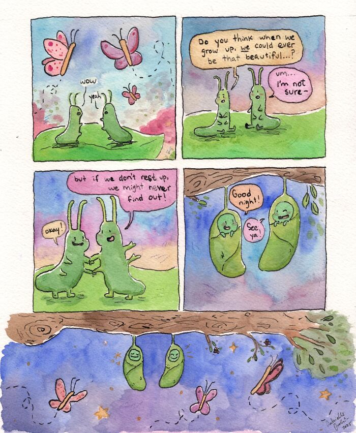 Watercolor wholesome comics with witty twist on daily moments featuring caterpillars and butterflies in nature scenes.