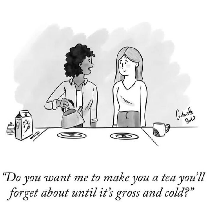 Two women in a wholesome comic by Gabrielle Drolet, sharing a witty moment about making tea and daily life humor.