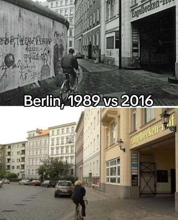 Side-by-side images showing the inside of Big Ben with a man cycling in Berlin in 1989 and 2016.
