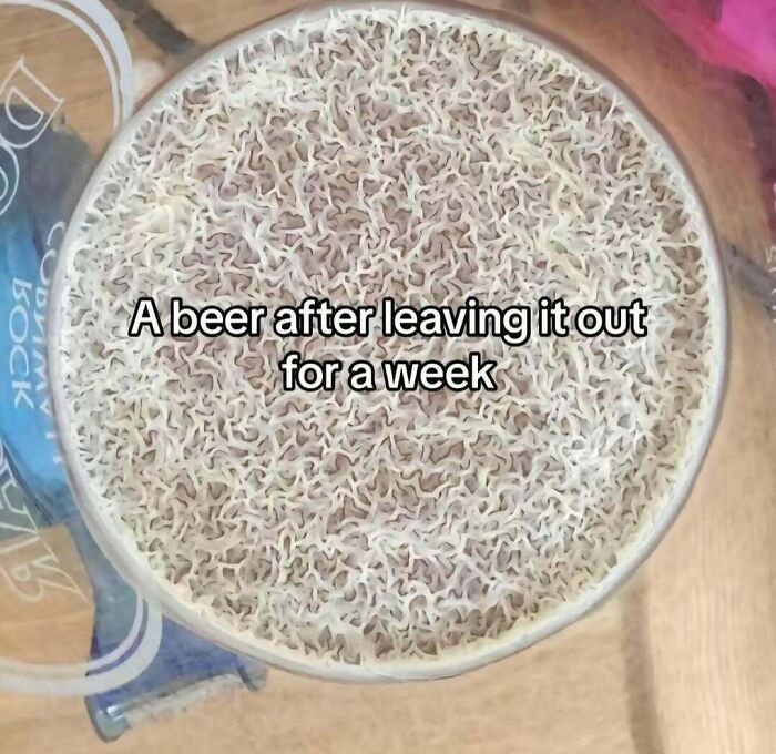 Close-up view of a beer surface with unusual texture after being left out for a week, showing inside details.