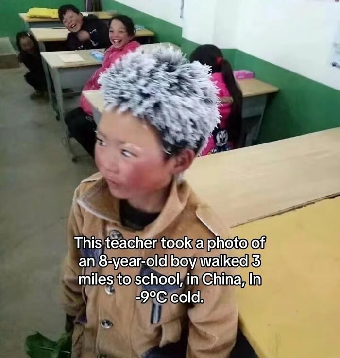 Young boy with frost-covered hair in classroom, showing resilience in cold, related to inside of Big Ben concept of interest.