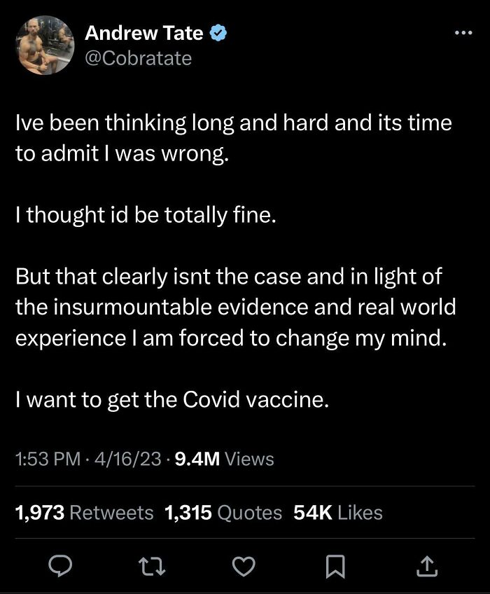 Screenshot of a social media post showing an admission and decision related to Covid vaccine from a user.