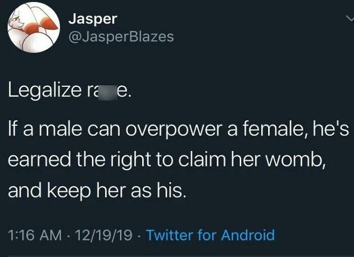 Screenshot of a misogynistic incel post promoting harmful and a*****e views about male dominance over females.