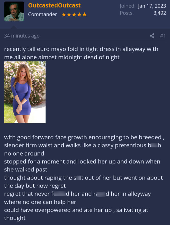 Alt text: Misogynistic incel post with disturbing content shamed by community standing against hateful incel behavior and attitudes.