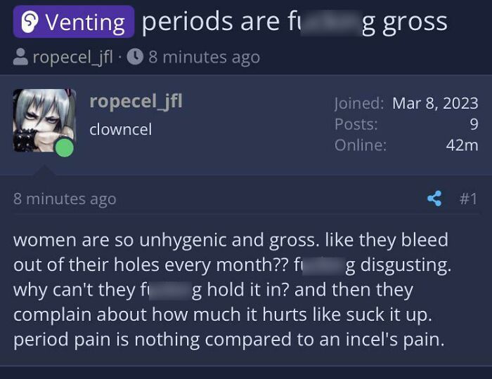 Screenshot of an online post from a community shaming misogynistic incels with offensive language about periods.