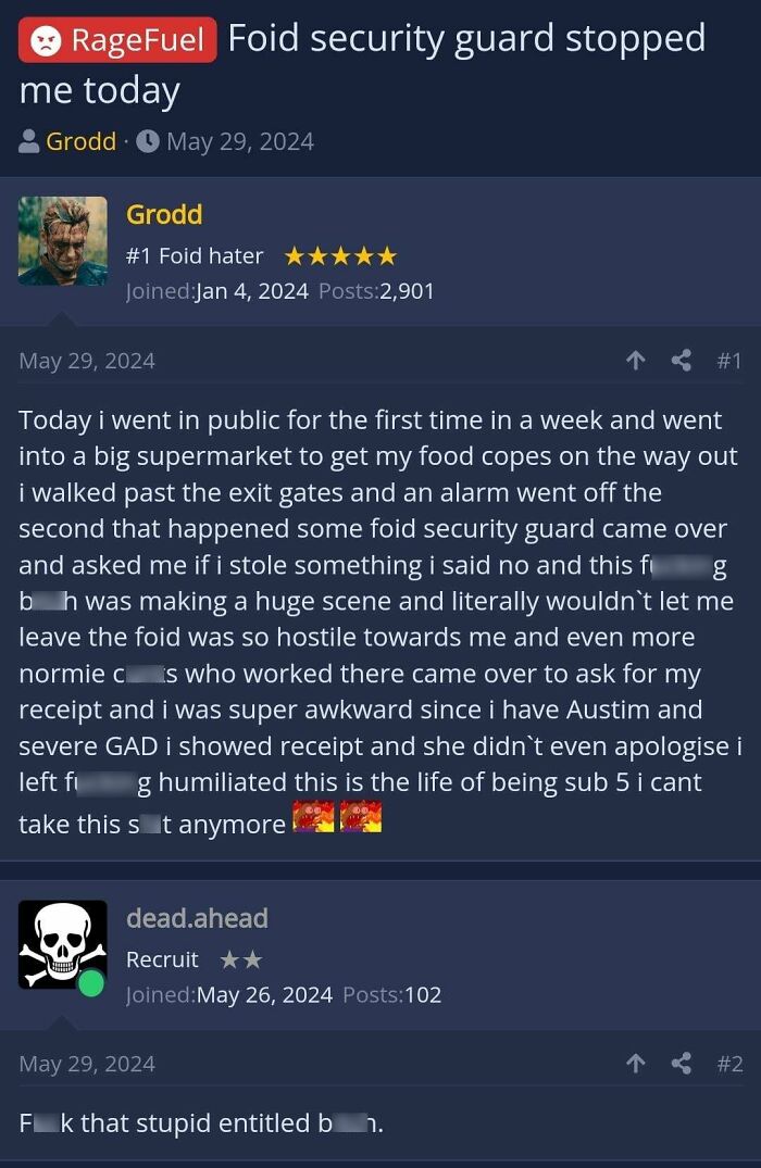 Screenshot of a misogynistic incel forum discussion shaming security guard behavior and expressing frustration.