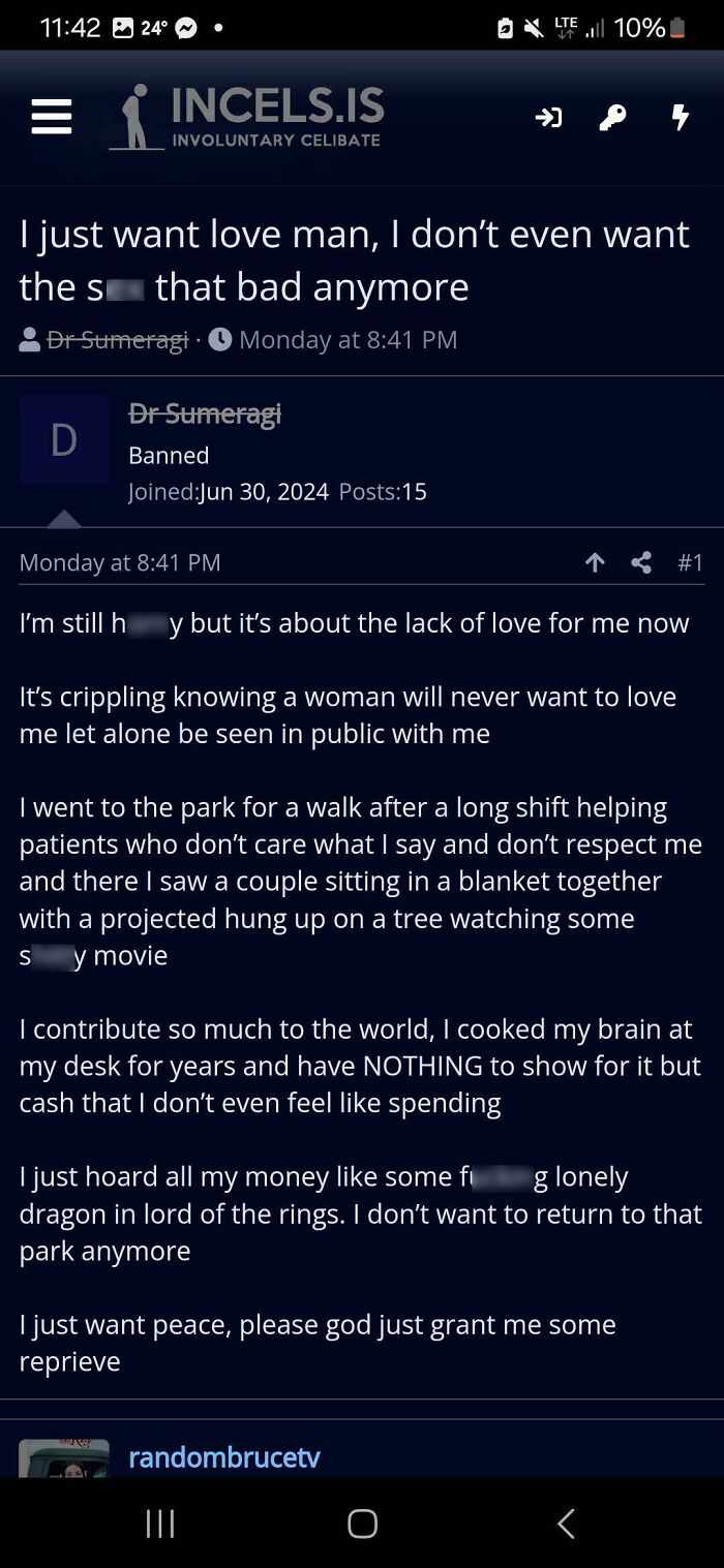Screenshot of a post on incels.is showing an incel expressing loneliness and a desire for love.