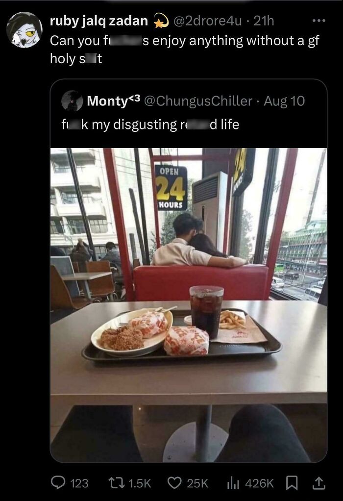 Screenshot of a community post shaming misogynistic incels with a fast food meal and couple in the background.