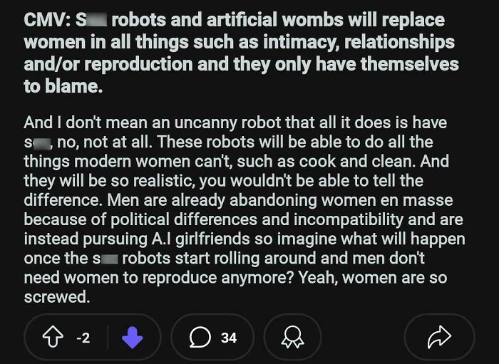 Screenshot of a misogynistic incel post discussing robots replacing women in intimacy and reproduction.