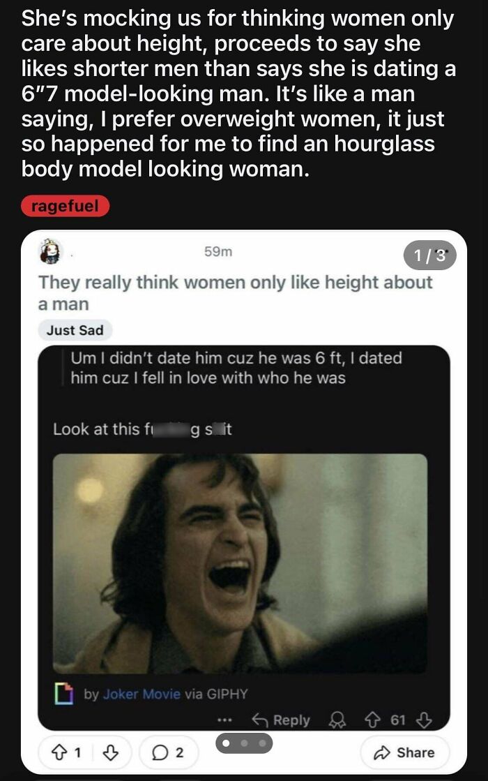 Screenshot of a community post shaming misogynistic incels with a laughing Joker meme about dating and height.