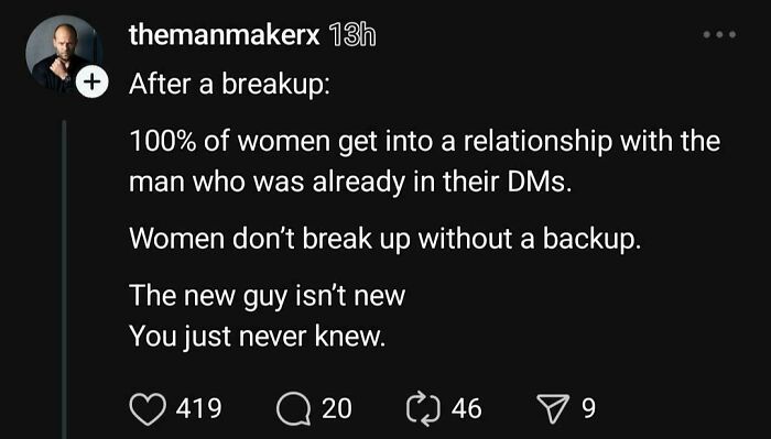 Social media post shaming misogynistic incels about women’s relationships and breakup backup plans.