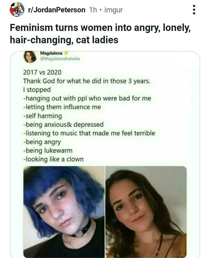 Reddit post criticizing feminism with before and after photos, related to misogynistic incels community shaming.