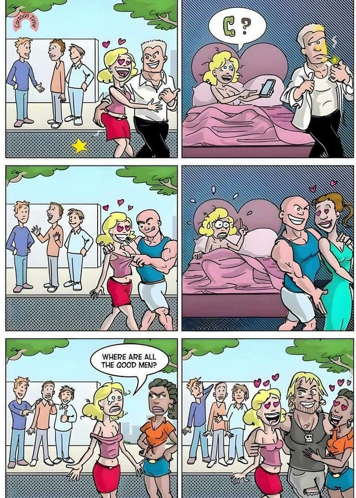 Comic panels depict a woman ignoring kind men, dating aggressive or tough men, then asking where good men are in a misogynistic incels theme.