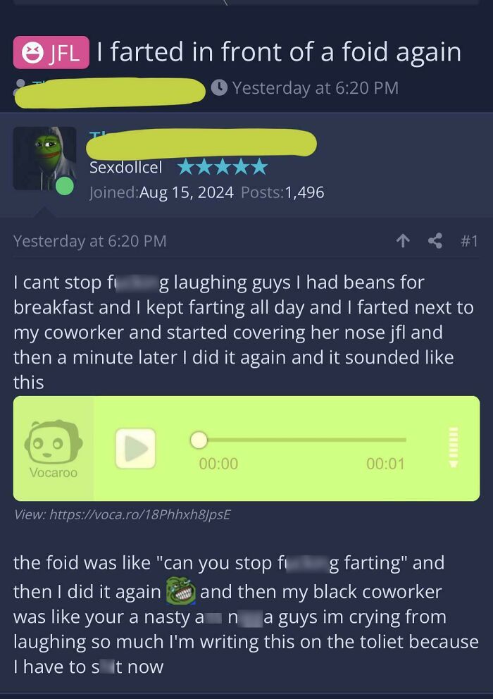 Screenshot of a humorous post mocking incel misogynistic language, shared in a community shaming such content.