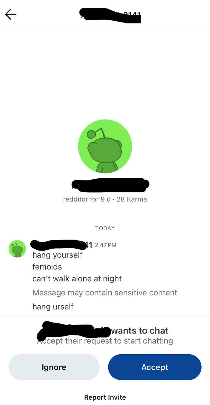 Screenshot of a Reddit message containing misogynistic incel language and a chat request notification.